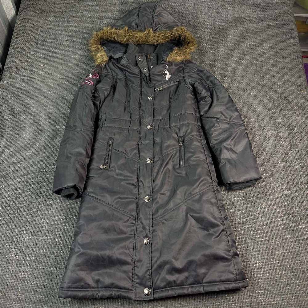 Baby Phat Puffer Parka Jacket Womens M Black Faux Fur Hood Y2K Long Coat